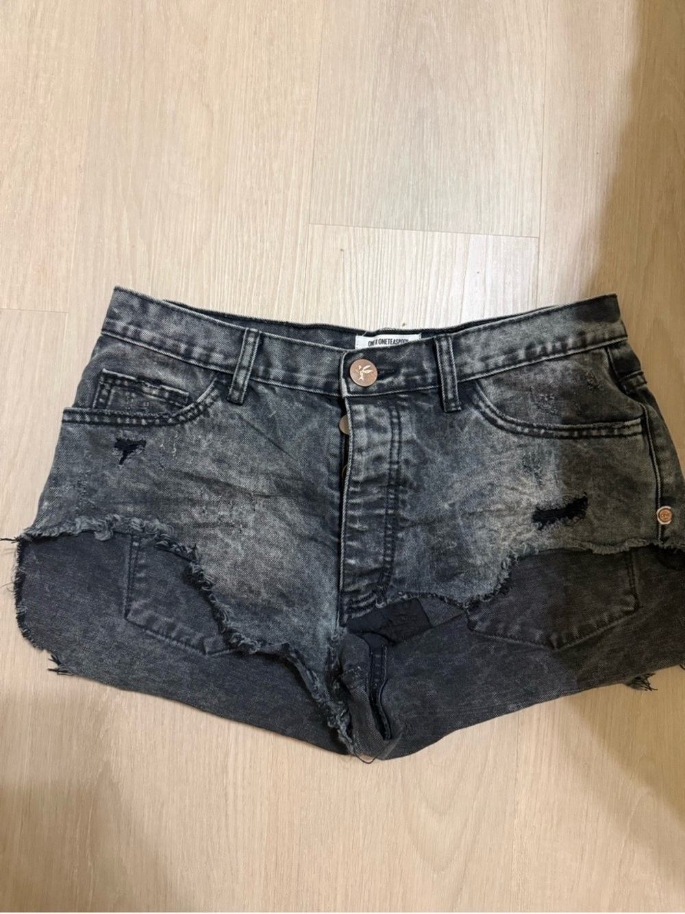 One teaspoon rollers destroyed denim jeans shorts washed black Streetwear